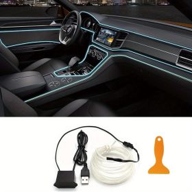 5M EL Wire Interior Car Flexible Led Strip Light Ledcare 5v USB Neon Glowing Eletroluminescent Ambient Lighting For Car Atmosphere Decroations (Color: Ice blue)